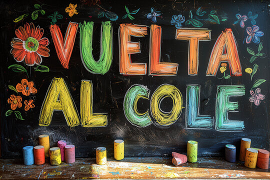 Pizarra con la inscripci&oacute;n vuelta al cole pintada en colores y con flores dibujadas a su alrededor, sobre superficie conteniendo grandes tizas de colores