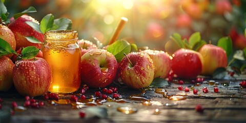 Rosh Hashanah food background, Traditional Jewish food, Rosh Hashanah apples in honey top view shot. Shana Tova, Happy Jewish New Year, Jewish holiday, Rosh Hashana template