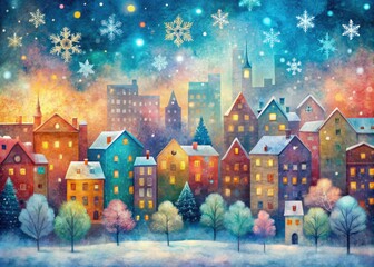 whimsical misty winter cityscape misty snowflakes urban landscape capturing playful atmosphere vibrant colors abstract composition