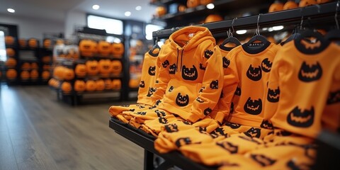 Fototapeta premium A festive Halloween retail store interior featuring bright orange hoodies adorned with black pumpkin designs, lined up neatly on display shelves