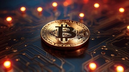 bitcoin in the glowing red network circuit board