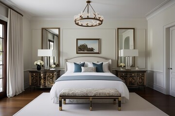 Elegant Minimalist Showcase Table in Serene Bedroom for Luxurious Interiors