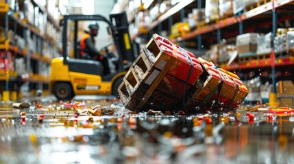 Warehouse Forklift Crash: Forklift operator knocked over a big stack of pallets, causing vehicle damage and spreading products across the warehouse floor.
