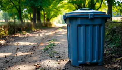 A gray trash can on a dirt path in a rural setting, with trees and sunlight in the background