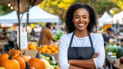 Smiling African vendor with a joyful smile, showcasing pumpkins at market, ready for Halloween and Thanksgiving buyers.