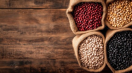 Colorful assortment of beans in burlap sacks on wooden table