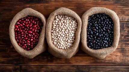 Colorful variety of beans in burlap sacks on a rustic wooden table