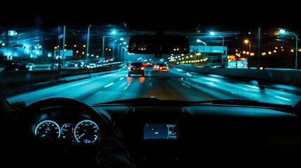 View from the car on the highway at night with lights and stars.