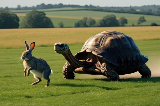 Fast Tortoise Transporting Rabbit Across Field in Playful Story
