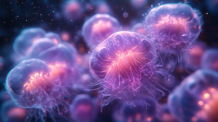 Surreal image of glowing, purple jellyfish-like creatures floating underwater with a starry background.