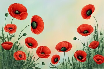 Obraz premium Bright Red Poppies Tribute on a Soothing Pastel Canvas for Memorial Day