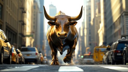Powerful bull striding confidently down a bustling Taipei city street, symbolizing a rising market, surrounded by tall buildings, modern urban environment, blue skies