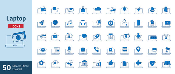 Laptop Blue Editable Stroke Icons Set. PC, Computer Functions, Settings, Technology, Security, Shopping, Wallet, Marketing, Promotion, Communication Collection Vector Illustration.