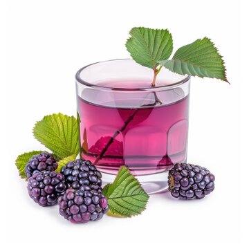 Medium shot of Loganberry juice in a glass near the Loganberry, isolated on a white background 