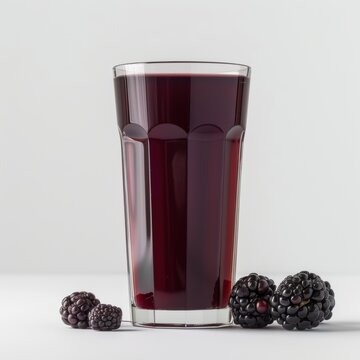 Medium shot of Loganberry juice in a glass near the Loganberry, isolated on a white background 