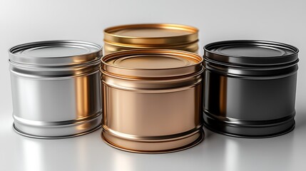 Four metallic cans in silver, gold, and black on a white background.