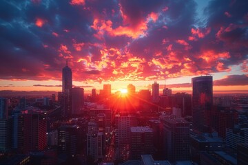 Sunset over a city with tall buildings and a bright orange sky