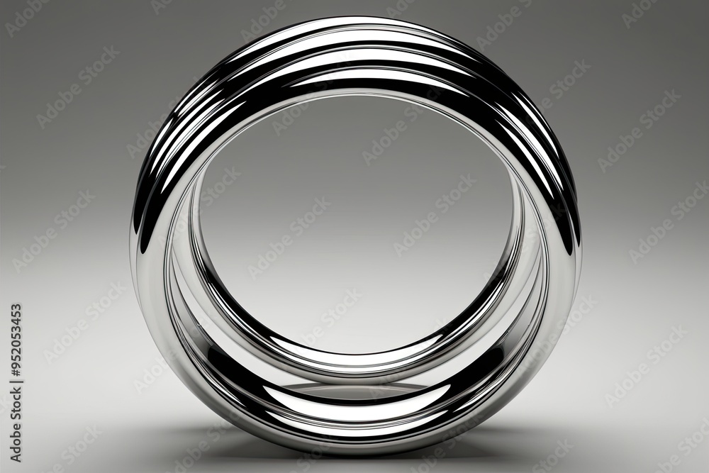 Poster futuristic chrome metal ring rotating in empty space 3d visualization