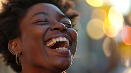 A close-up of a person laughing heartily, with their eyes closed and mouth wide open, capturing joy.