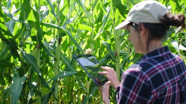 Young woman analyzing organic corn field with digital tablet for sustainable farming