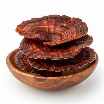 Medium shot of bowl of Dried ganoderma lucidum mushroom, isolated on a white background 