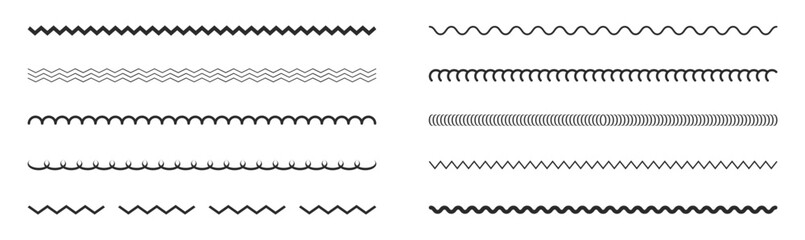 Fototapeta premium Border line design elements set. Ornamental text devider colection. Vintage line elements. Decorative line borders. Lines, waves, zigzag, ornament, geometric lines. Vector illustration.