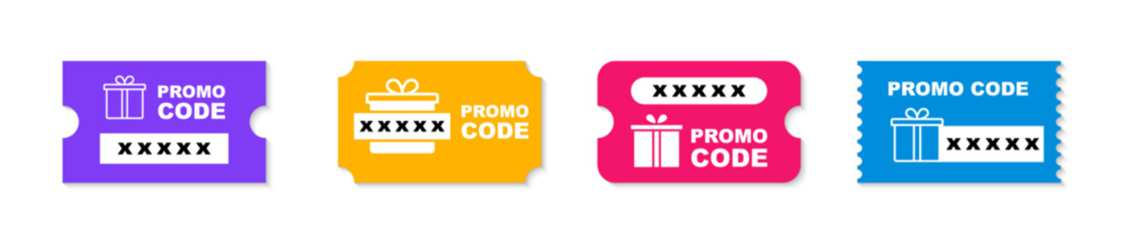 Promo code coupon set. Discount coupon. Gift voucher with promo code. Promo code template for web marketing. Vector illustration.