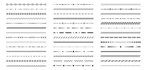 Border line design elements set. Ornamental text devider colection. Vintage line elements. Decorative line borders. Lines, waves, zigzag, ornament, geometric lines. Vector illustration.