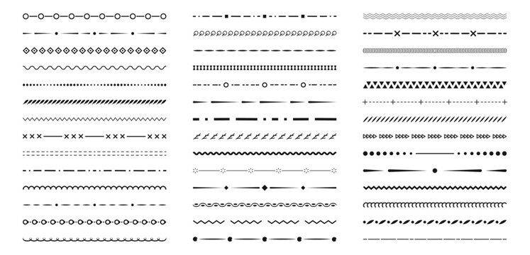 Border line design elements set. Ornamental text devider colection. Vintage line elements. Decorative line borders. Lines, waves, zigzag, ornament, geometric lines. Vector illustration.