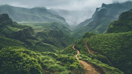 A serene mountain landscape with lush greenery and winding paths under a misty sky.