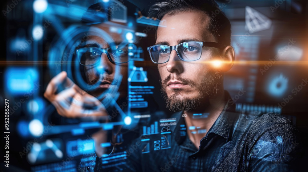 Poster a man examines digital information on a high-tech display in a dimly lit office, reflecting deep con