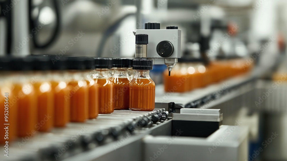 Poster precision bottling on the production line: a close-up view of glass bottles being filled and capped 