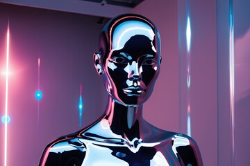 Luminous Radiant Chrome Female Sculpture in Dreamlike Space - Abstract Art Mannequin with Tech-Inspired Visuals