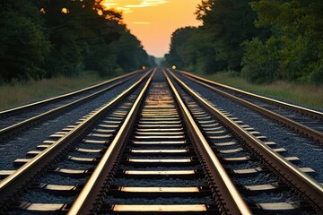 Fototapeta premium Vintage Railway Tracks Illuminated by Sunset Serenity