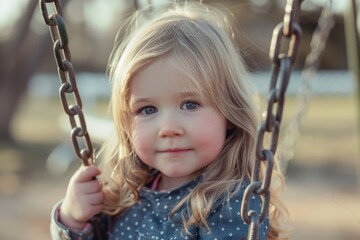 A young girl with blonde hair and bright eyes sits on a swing, holding the chains gently; her serene expression and soft focus create a dreamy portrait.