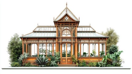 A beautifully designed greenhouse featuring intricate wooden architecture and lush plants.