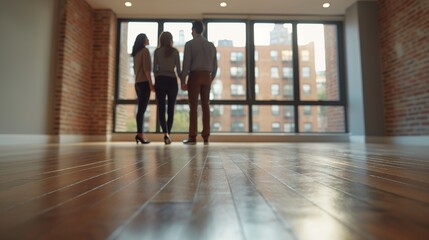 Fototapeta premium Real Estate Agent Showing a Couple an Unfurnished Apartment with Exposed Brick Walls and Large Windows