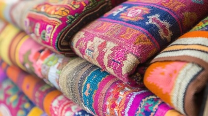 Fototapeta premium A close-up of vibrant traditional Peruvian woven fabrics, showcasing the intricate patterns and rich cultural heritage.
