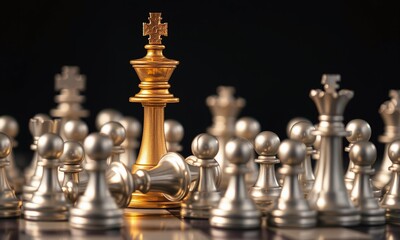 Gold queen chess surrounded by a number of fallen silver chess pieces