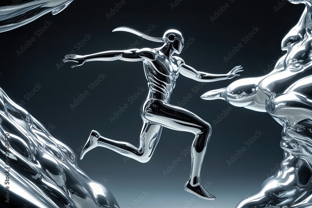 Poster chrome figure in motion exploring the void with shiny silver design