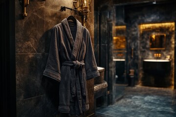 Obraz premium A plush gray bathrobe hangs on a hook in an elegant, dark-themed bathroom, underlining an atmosphere of luxury, relaxation, and sophisticated design.