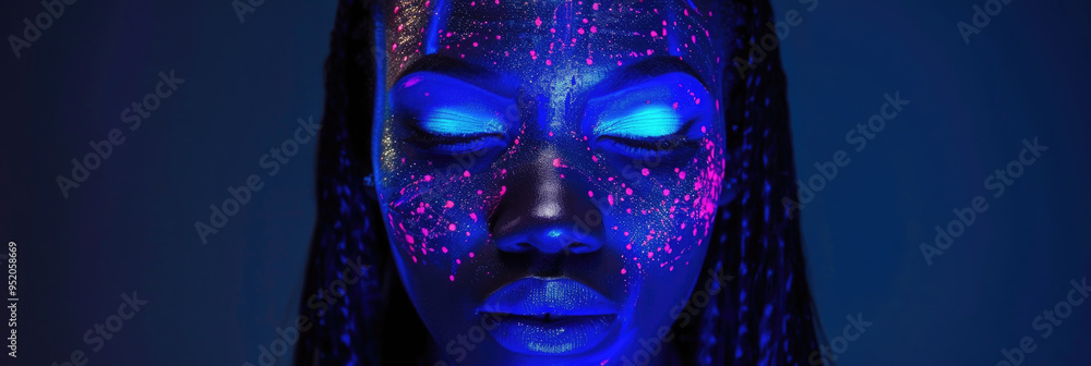 Poster the model presents vibrant face paint patterns illuminated by blacklight, creating a striking visual