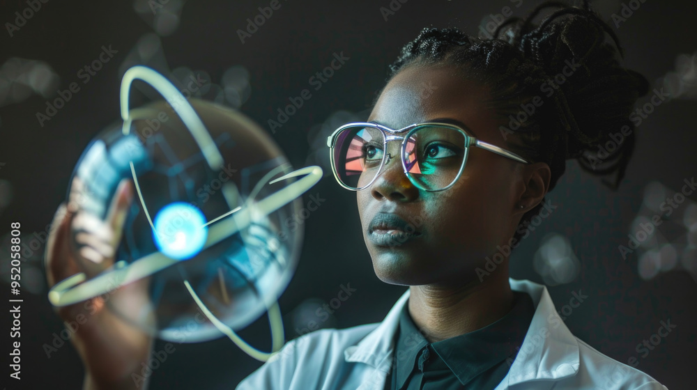 Poster a scientist in a lab coat studies a luminous atom model, surrounded by a dark environment that empha