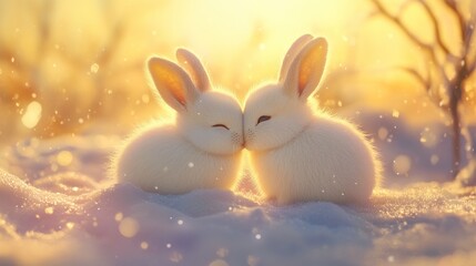 Two white rabbits kissing each other tenderly. The scene is set against a backdrop of soft, fluffy snow, with the sun setting in the background.