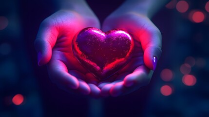 Obraz premium Glowing Heart Held in Hands Neon Light Love Passion Romance