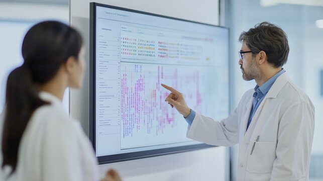 Doctor explains personalized medicine using genomic data visualization in a modern clinic setting