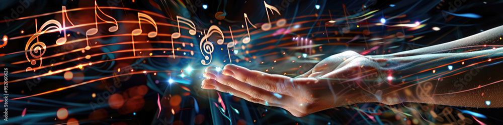 Aufkleber a hand gestures towards swirling musical notes and light trails in a dynamic display of creativity, 