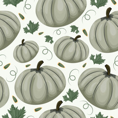 autumn pattern with green round pumpkins with pumpkin seeds and pumpkin leaves on a light background, vector