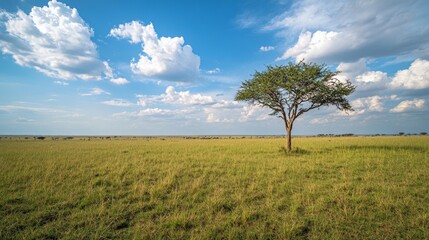 Obraz premium Serengeti National Park, Tanzania shot, national geographic style, single tree on a plain grass field