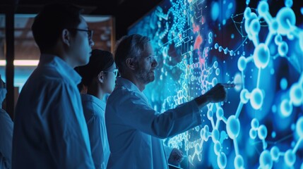 Research team collaborates over a large display showcasing 3D molecular models of solid electrolytes with AI insights in a lab setting